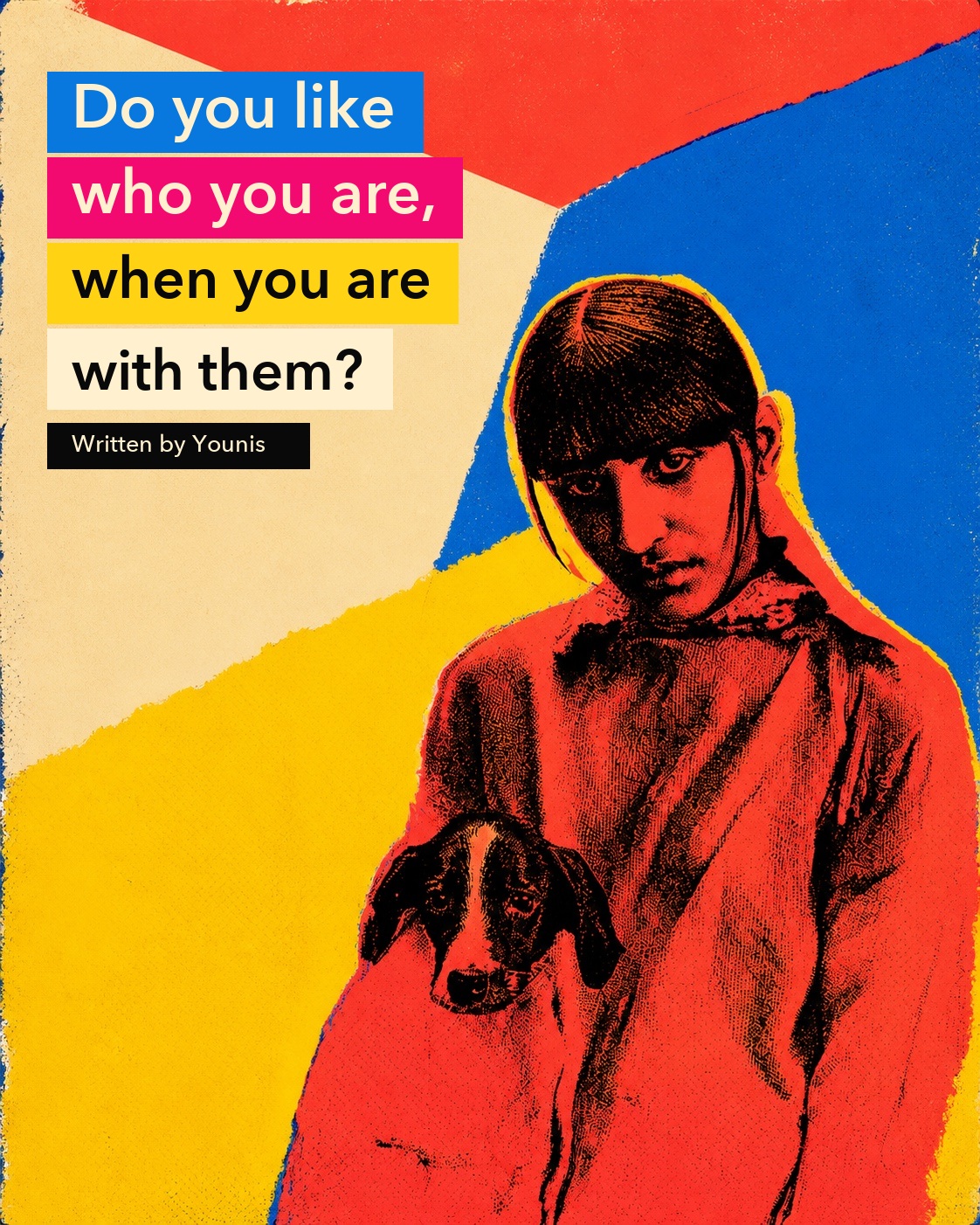 Fluorescent silkscreen pop-art book cover for Do you like who you are, when you are with them?, written by Younis