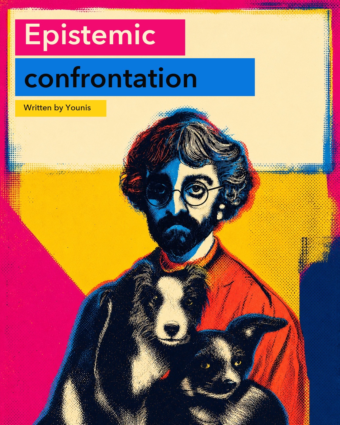 Fluorescent silkscreen pop-art book cover for Epistemic confrontation, written by Younis