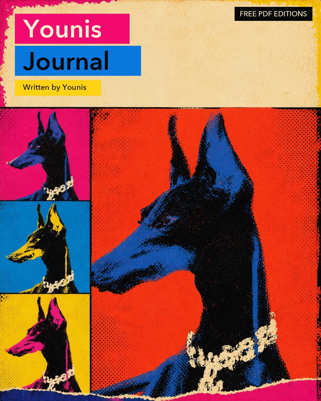 Multi-panel silkscreen pop-art Younis Journal collection cover, written by Younis
