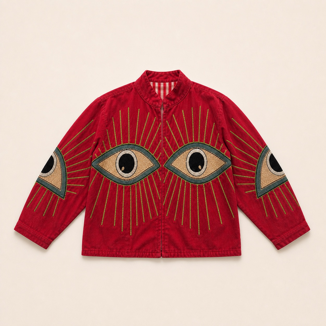 Front of the red All Eyes on Me embroidered one-of-one jacket