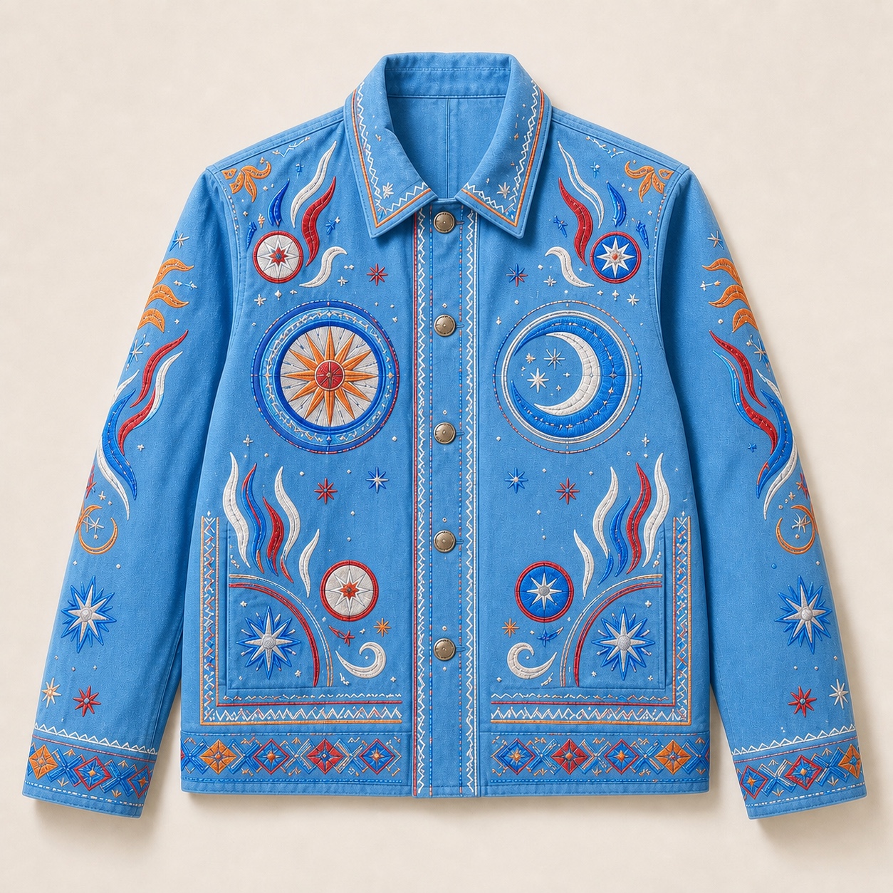 Front of the baby-blue Electric Sky embroidered one-of-one jacket