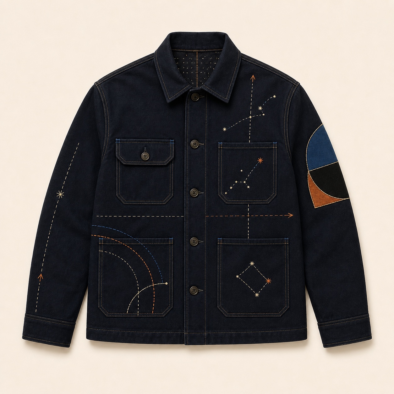 Front of the navy Midnight Relay embroidered one-of-one jacket
