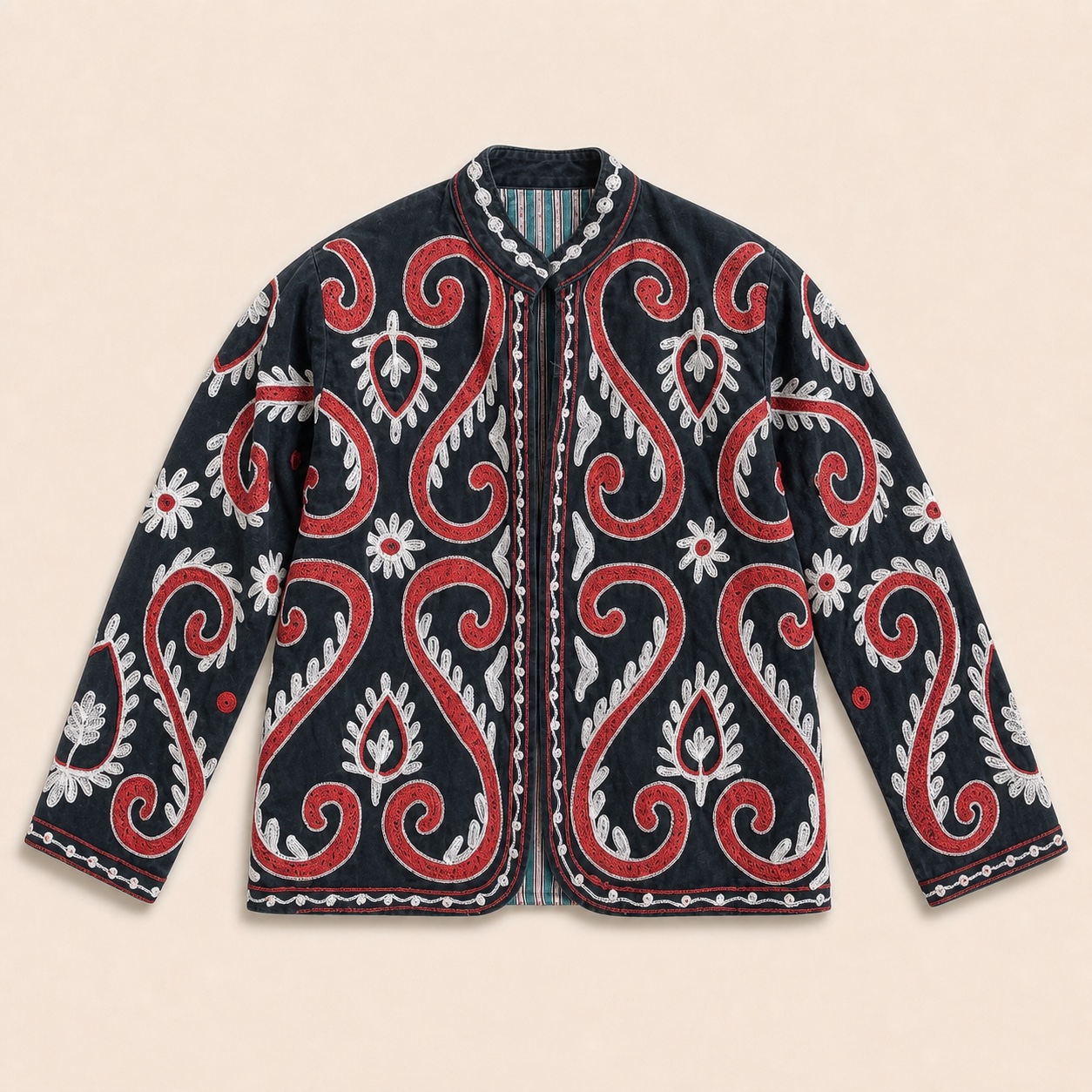 Front of the red, white, and black embroidered Red Scroll one-of-one jacket
