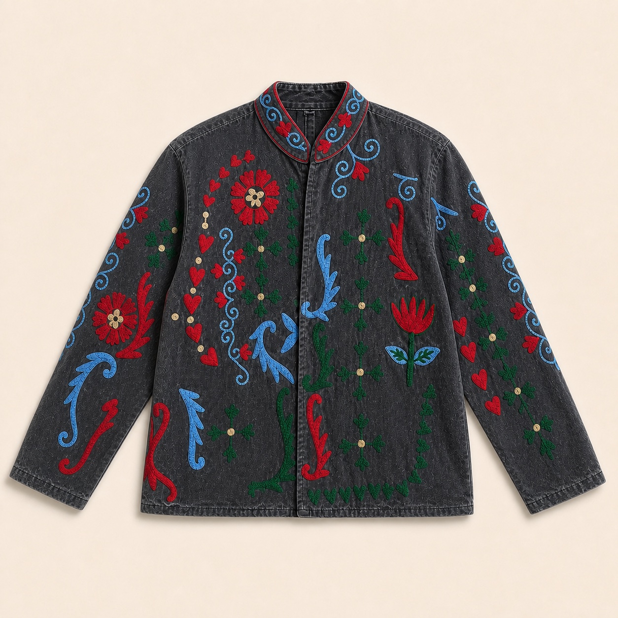 Front of the Tiger Blue embroidered one-of-one jacket